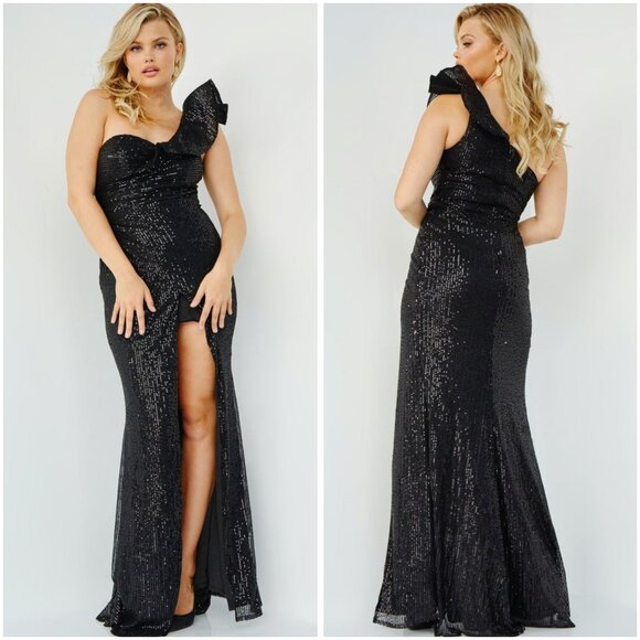 JVN by Jovani Black Sequin One Shoulder Ruffle Formal Gown $410